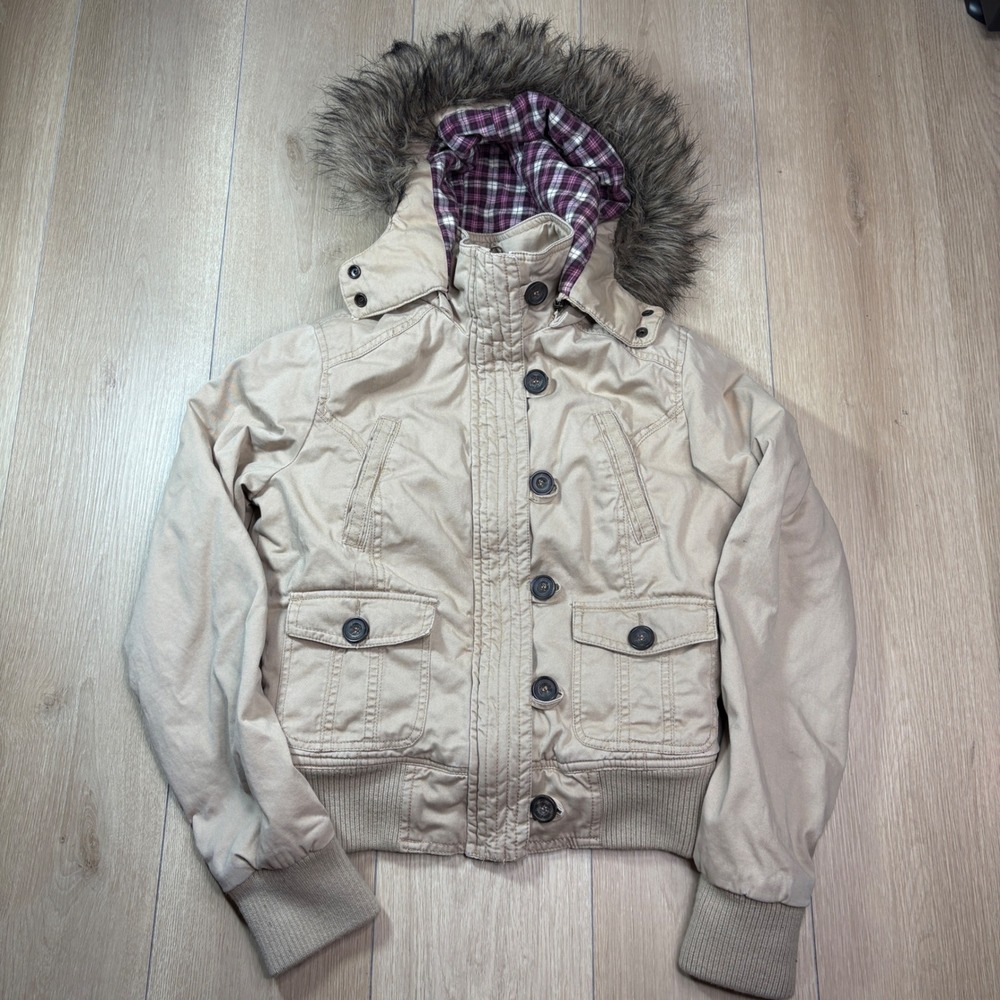 Aeropostale Womens Khaki Y2K Bomber Jacket Faux Fur Hood Plaid Lining Medium